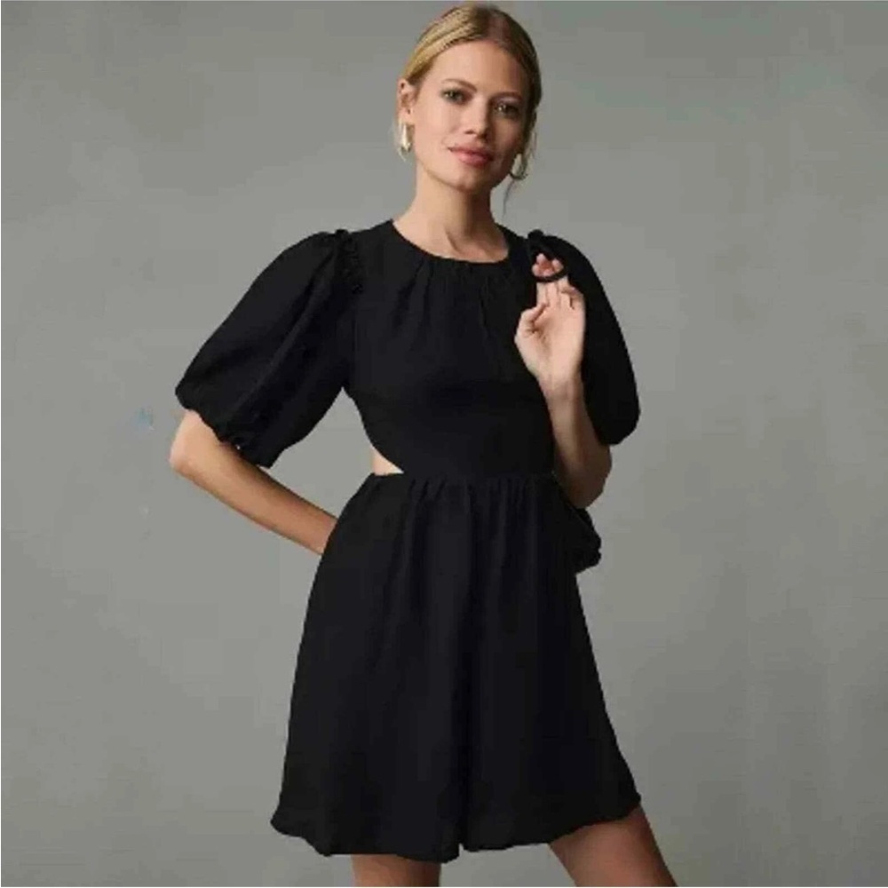 Moon River Open-Back Puff-Sleeve Mini Dress In Black M